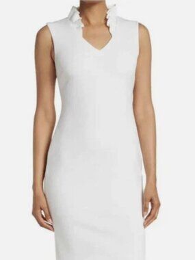 Like New White Calvin Klein Scuba Sheath Dress With Ruffle Collar Size 18